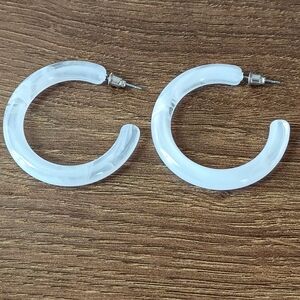 Milky White Marbled Chunky Resin Tube C-Hoop Post Earrings